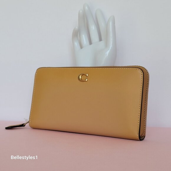 COACH Smooth Leather Zip-Around Accordion Wallet with Back-Slip Pocket-Tan color - Picture 4 of 16